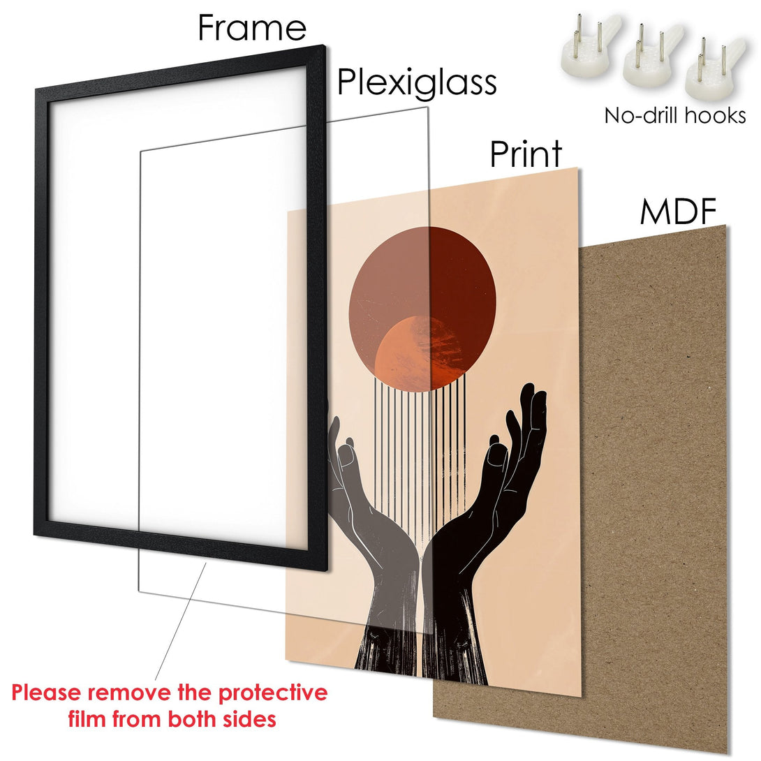 Framed Poster with abstract art, featuring hands, sun shapes, and a warm earth-tone color palette. Modern wall art for your home.