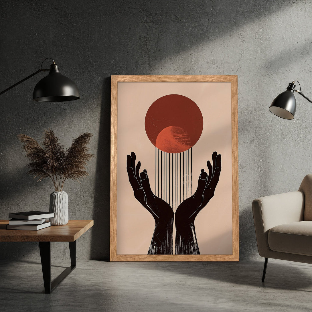 Framed Poster featuring abstract hands and celestial design in a warm, earthy color palette. Perfect for modern home decor.