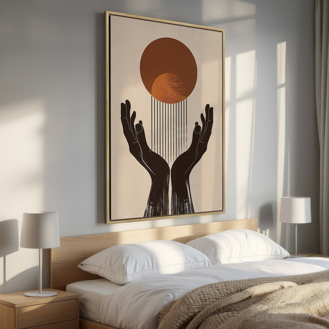 Framed Wall Art featuring abstract hands and geometric shapes in a warm, earthy color palette. Modern art perfect for bedroom decor.