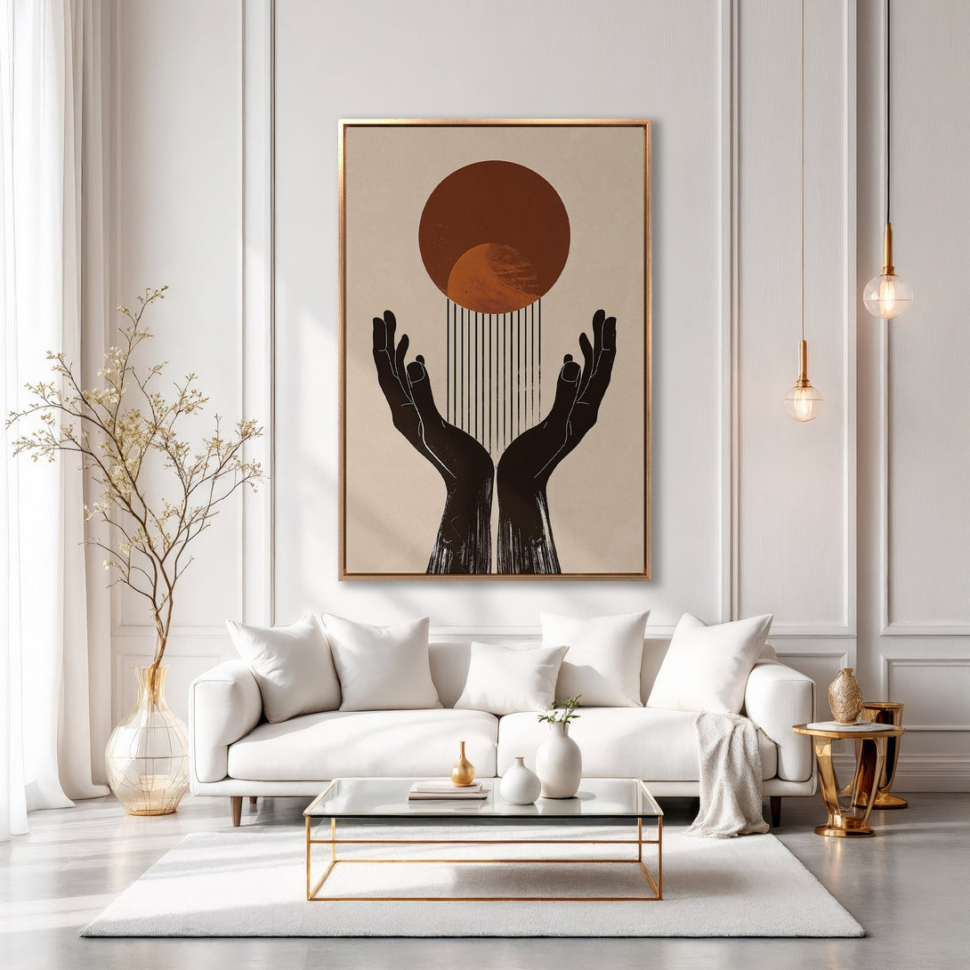Framed Wall Art: Abstract hands art in a modern interior. Earthy tones canvas print adds a touch of elegance to any living room.