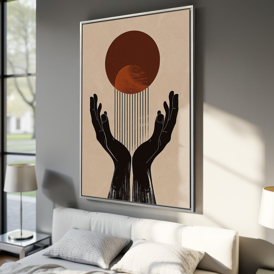 Framed Wall Art featuring abstract hands and geometric shapes in a neutral color palette. Modern art for your home decor.