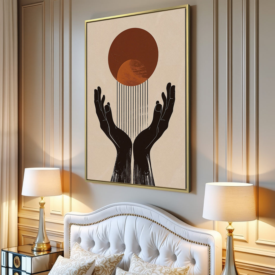 Canvas Print of abstract hands and sun in a mid-century modern style, featuring a warm brown and beige color palette, perfect for home decor.