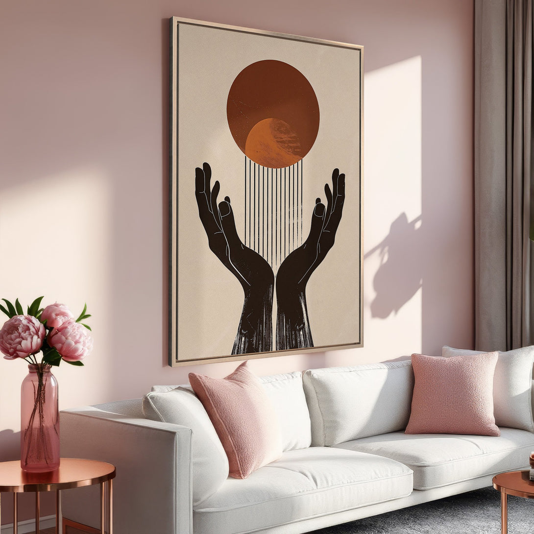 Framed Wall Art featuring an abstract hands design in warm earth tones. Modern art print perfect for adding a touch of elegance to any space.