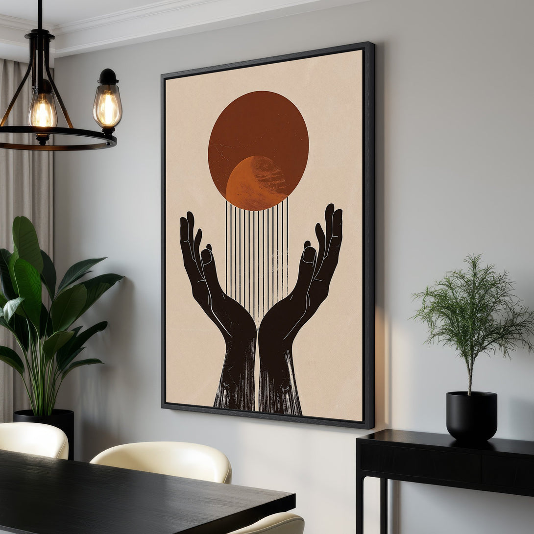 Framed Wall Art featuring an abstract hands design in a warm, earthy color palette. Modern art for your home decor.