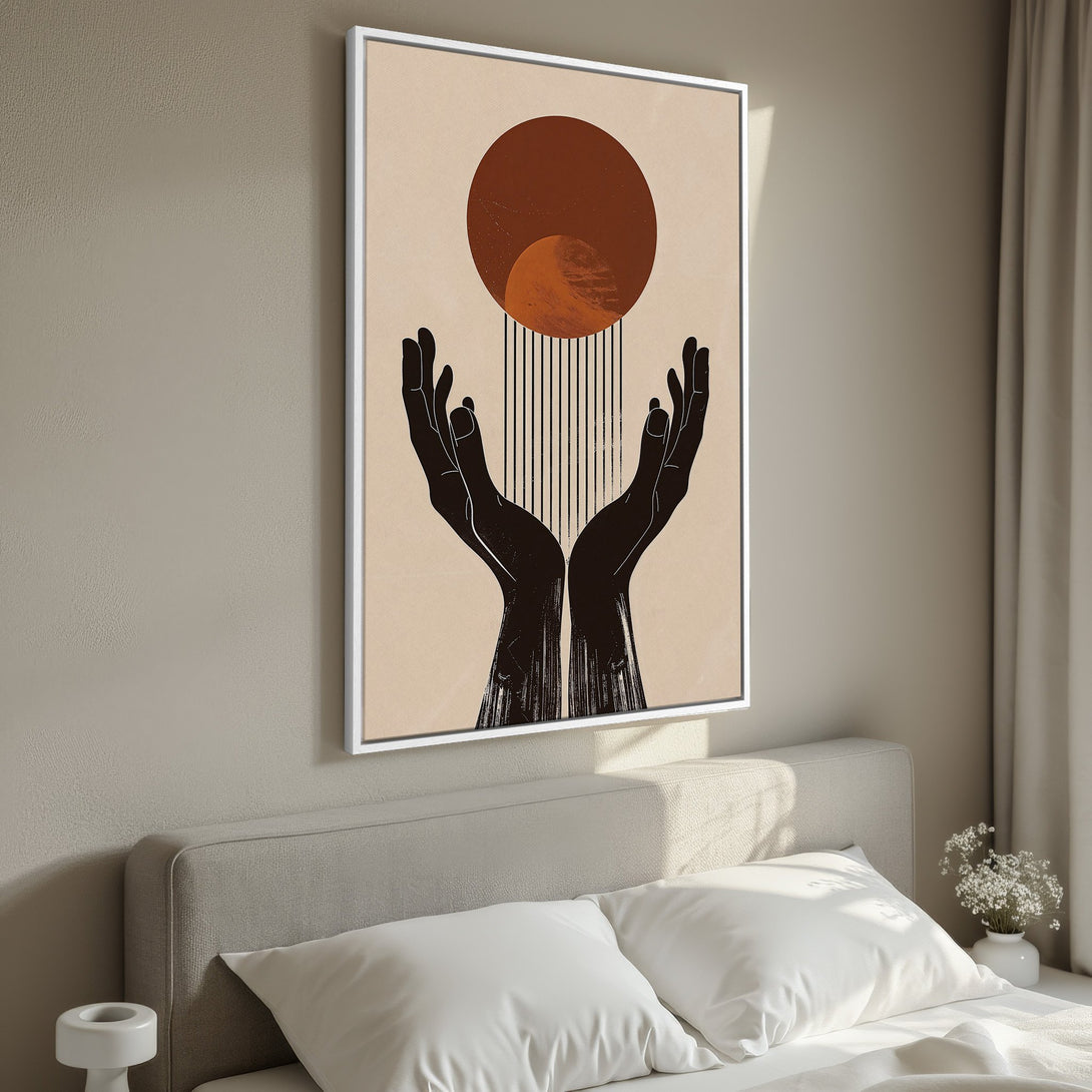 Framed Wall Art featuring abstract hands and geometric shapes in a warm, neutral color palette. Modern art for home decor, perfect for bedrooms and living rooms.