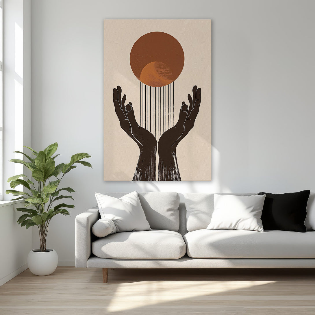 Framed Wall Art featuring abstract hands and geometric shapes in a warm, neutral color palette. Modern art for bedroom decor.