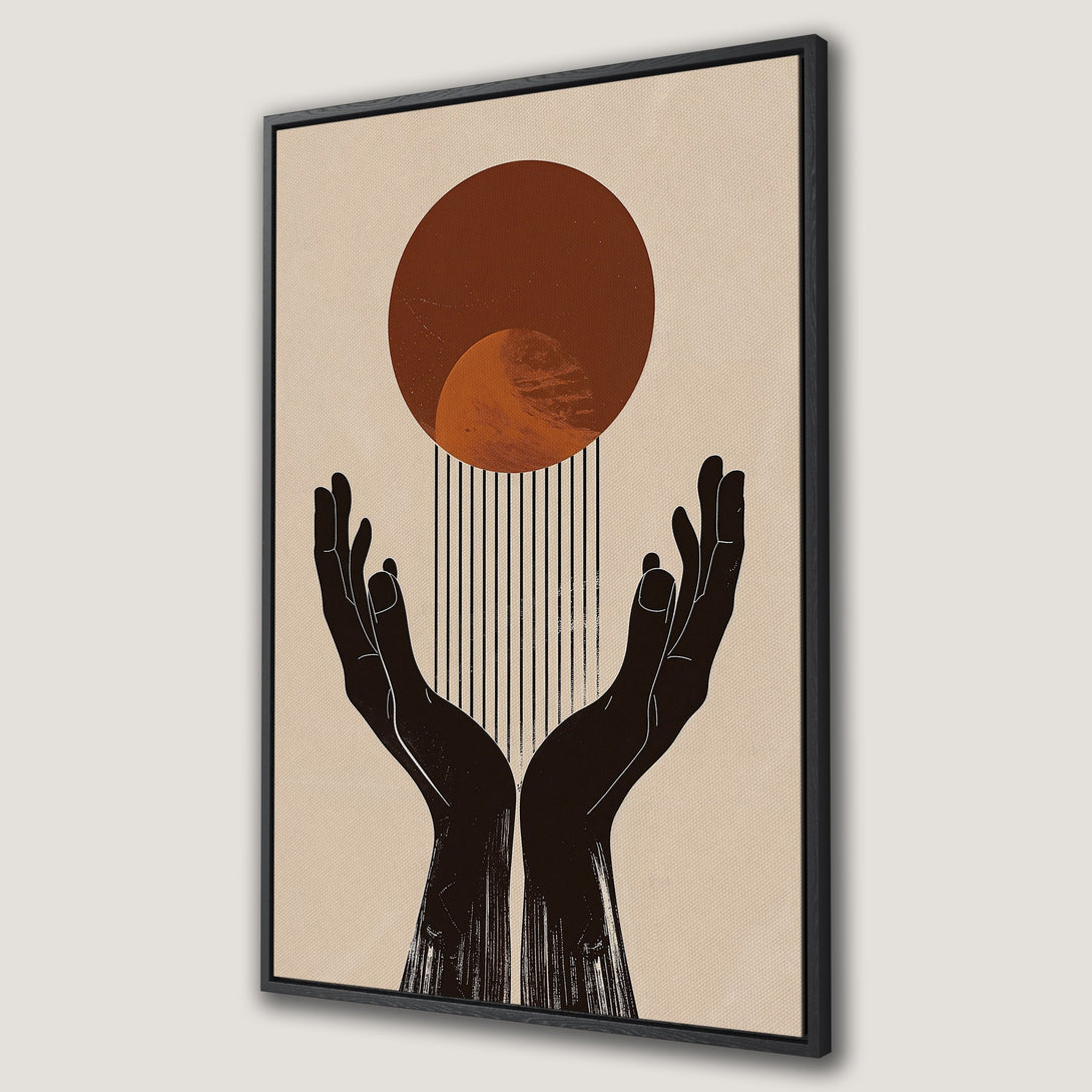 Framed Wall Art featuring abstract hands and geometric shapes in a warm, neutral color palette. Modern art canvas print for stylish home decor.