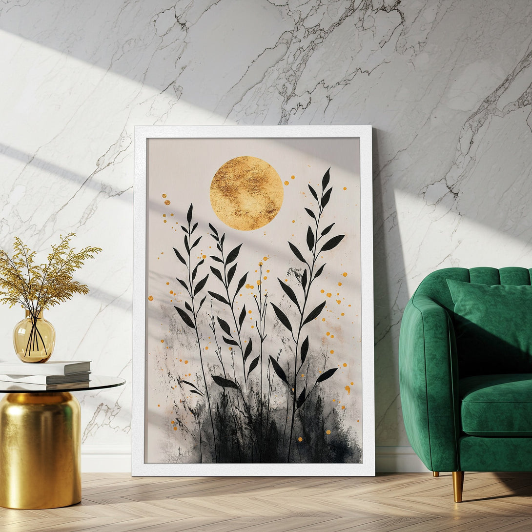 Framed Poster featuring abstract botanical art, black & gold accents on a neutral background. Modern decor, perfect for any room.