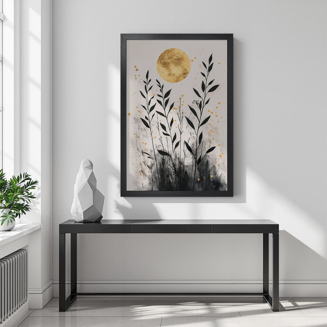 Framed Poster featuring abstract botanical art with black, gold, and white color palette. Modern wall art for home decor.