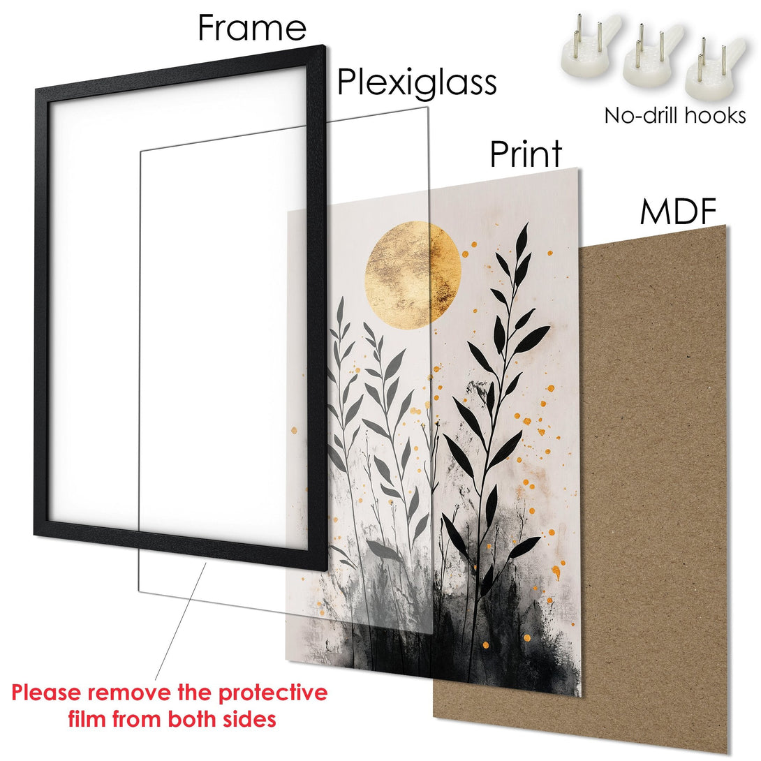 Framed Poster featuring an abstract floral design with a neutral and gold color palette, perfect for modern decor.