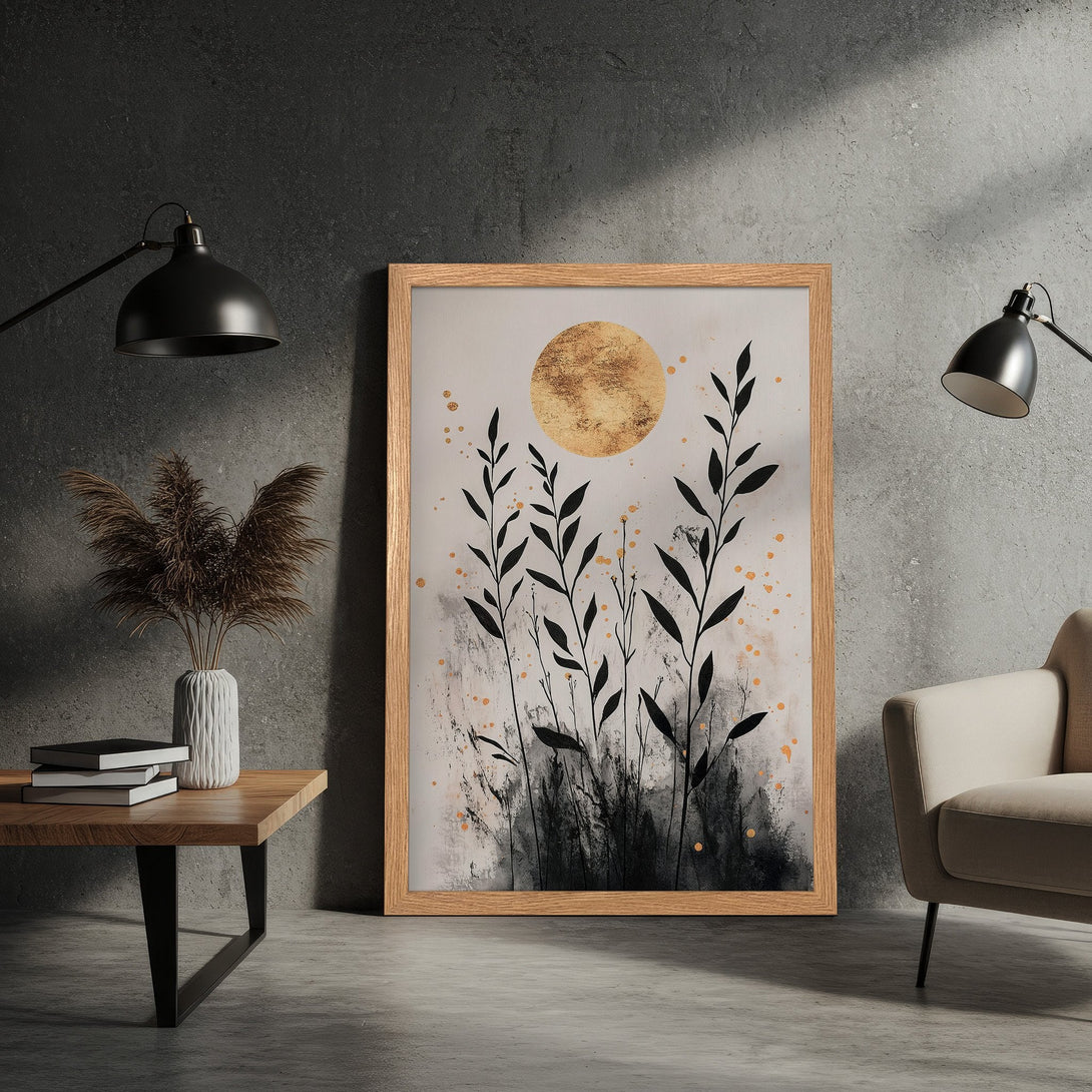 Framed Poster featuring abstract botanical art in black, gold, and neutral tones. Perfect for modern home decor.
