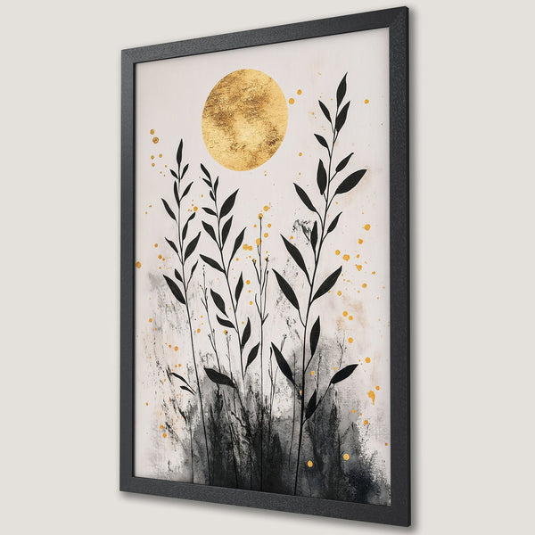 Framed Poster featuring an abstract botanical design with a gold and black color palette, perfect for modern home decor.