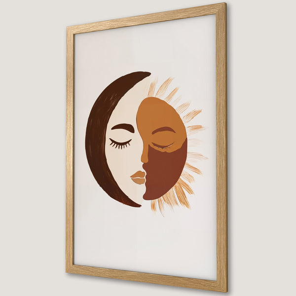 Framed Poster featuring a sun and moon face design in a modern, minimalist style with a warm, earthy color palette. Perfect wall art!