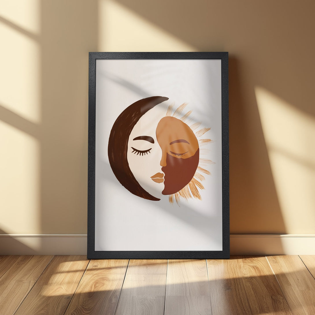 Framed Poster featuring a sun and moon design in a minimalist, abstract style with a warm, earthy color palette. Perfect wall art!