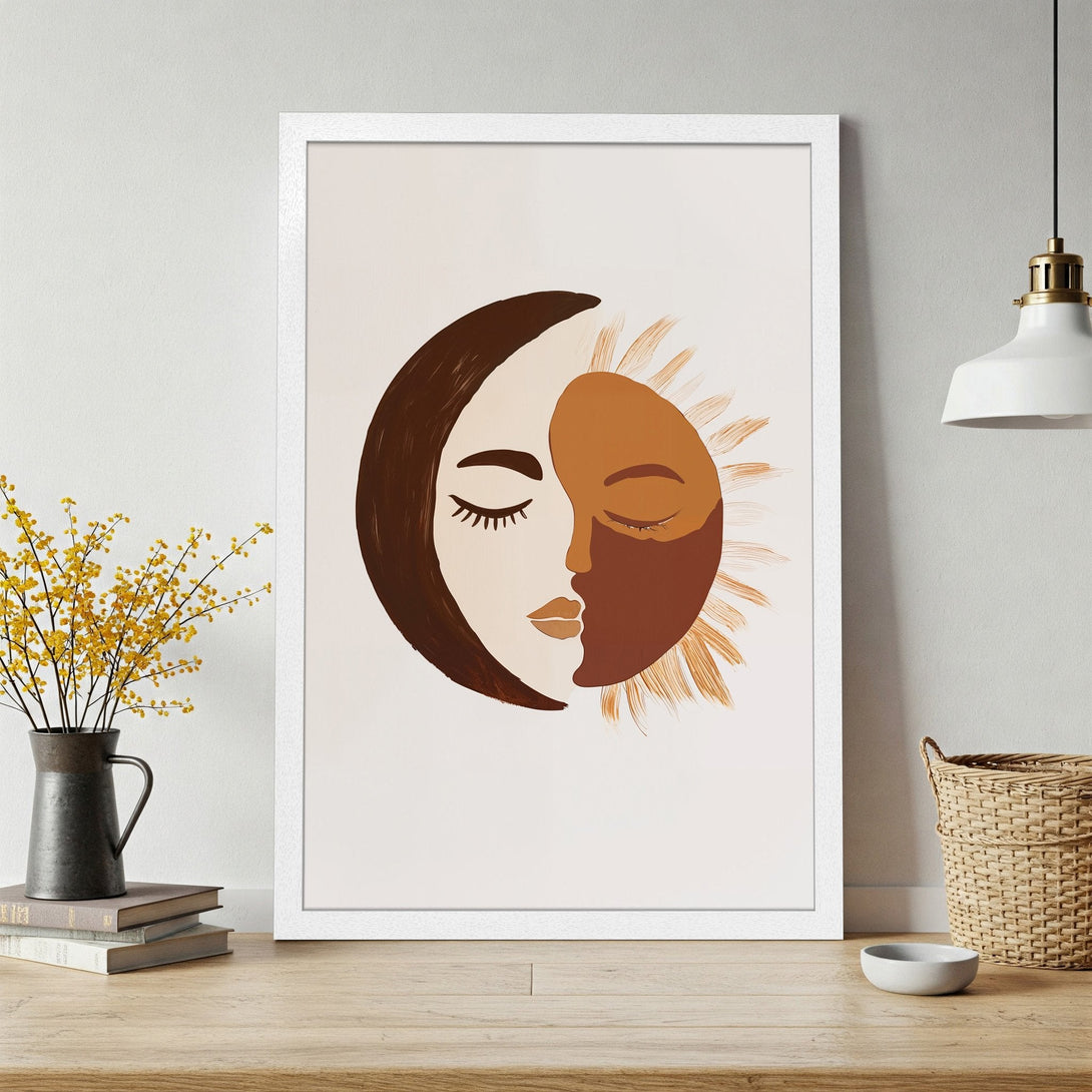 Framed Poster featuring a sun and moon abstract art print in neutral tones. Modern wall decor with a minimalist style and warm color palette.