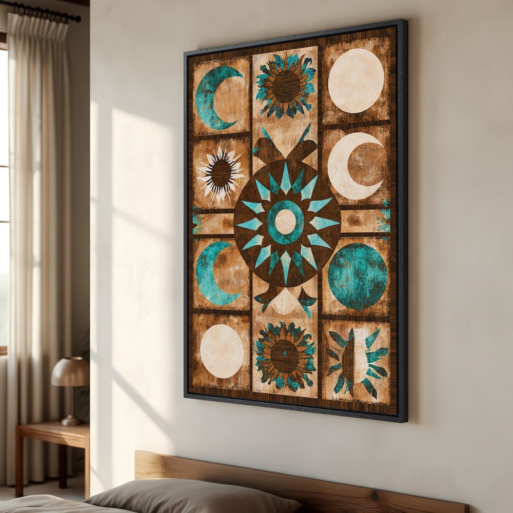 Framed Wall Art: Celestial design Canvas Print in rustic style, featuring moons, suns, and teal accents on a brown and beige palette. Perfect for bedroom decor!