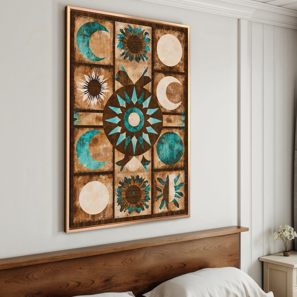 Framed Wall Art: Bohemian-style Canvas Print with sun, moon, and floral design in teal and brown tones. Perfect for bedroom decor!