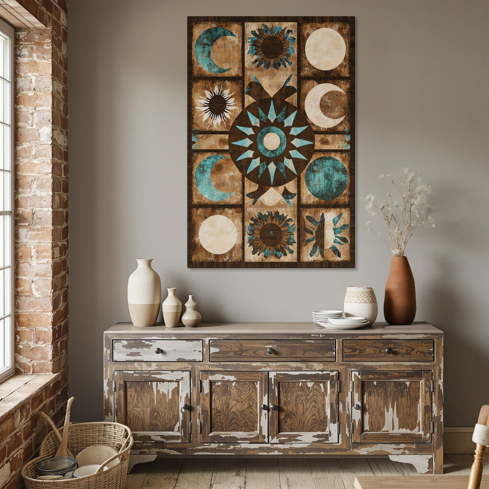Framed Wall Art: Boho-style Canvas Print with celestial design in teal and brown. Perfect for dining room decor.