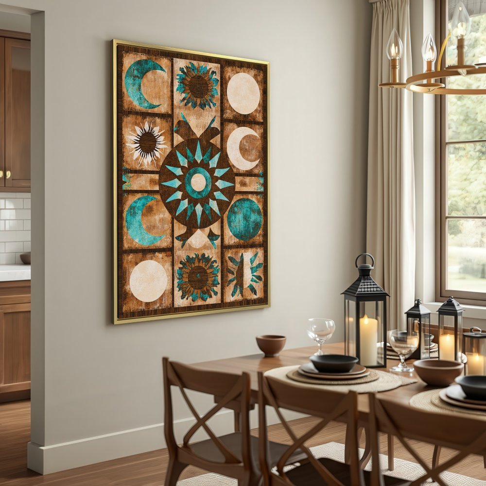 Canvas Print featuring celestial design in teal and brown tones, perfect for rustic home decor.