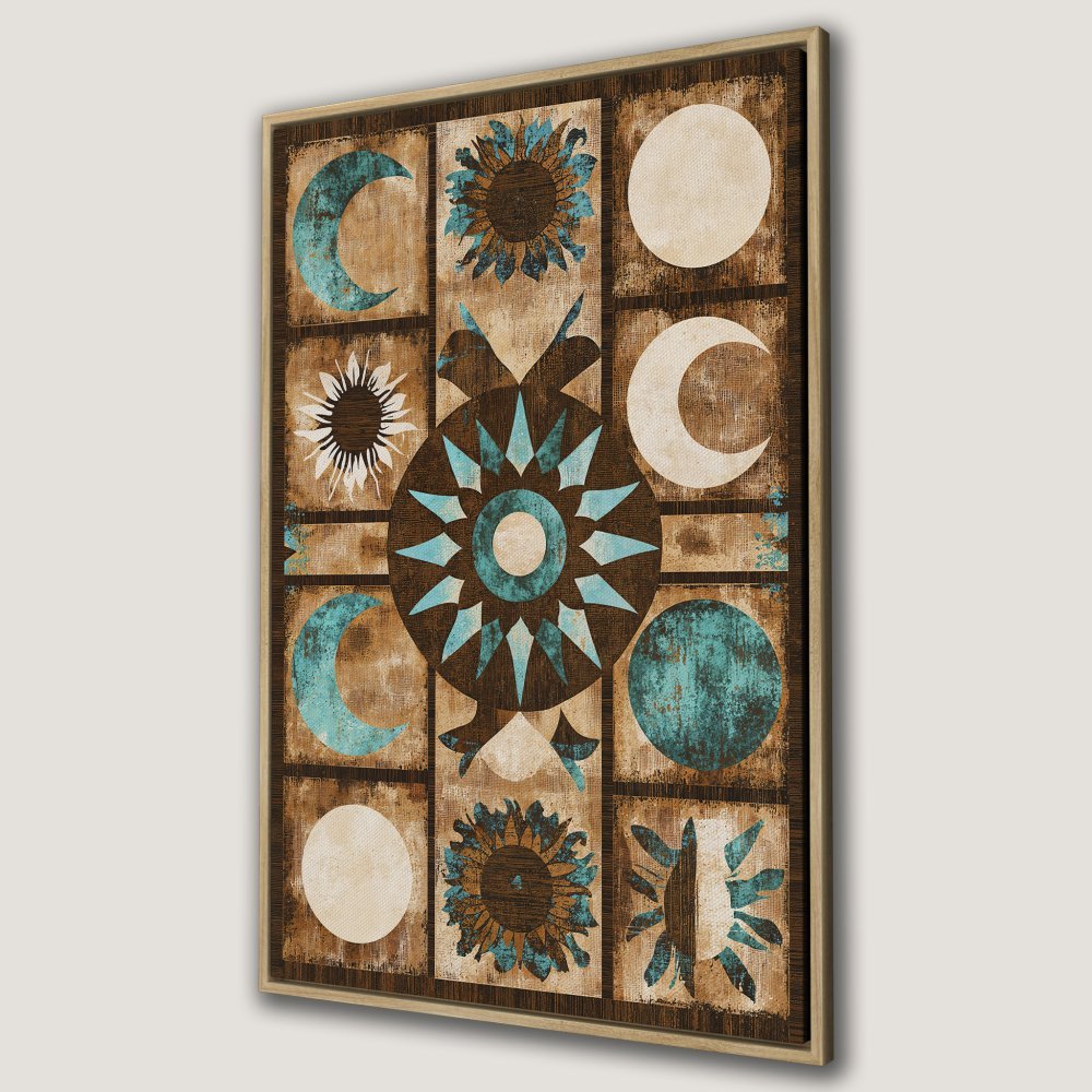 Framed Wall Art: Bohemian celestial design Canvas Print featuring moons, suns, and sunflowers in teal and brown tones. Perfect for adding a touch of boho charm!