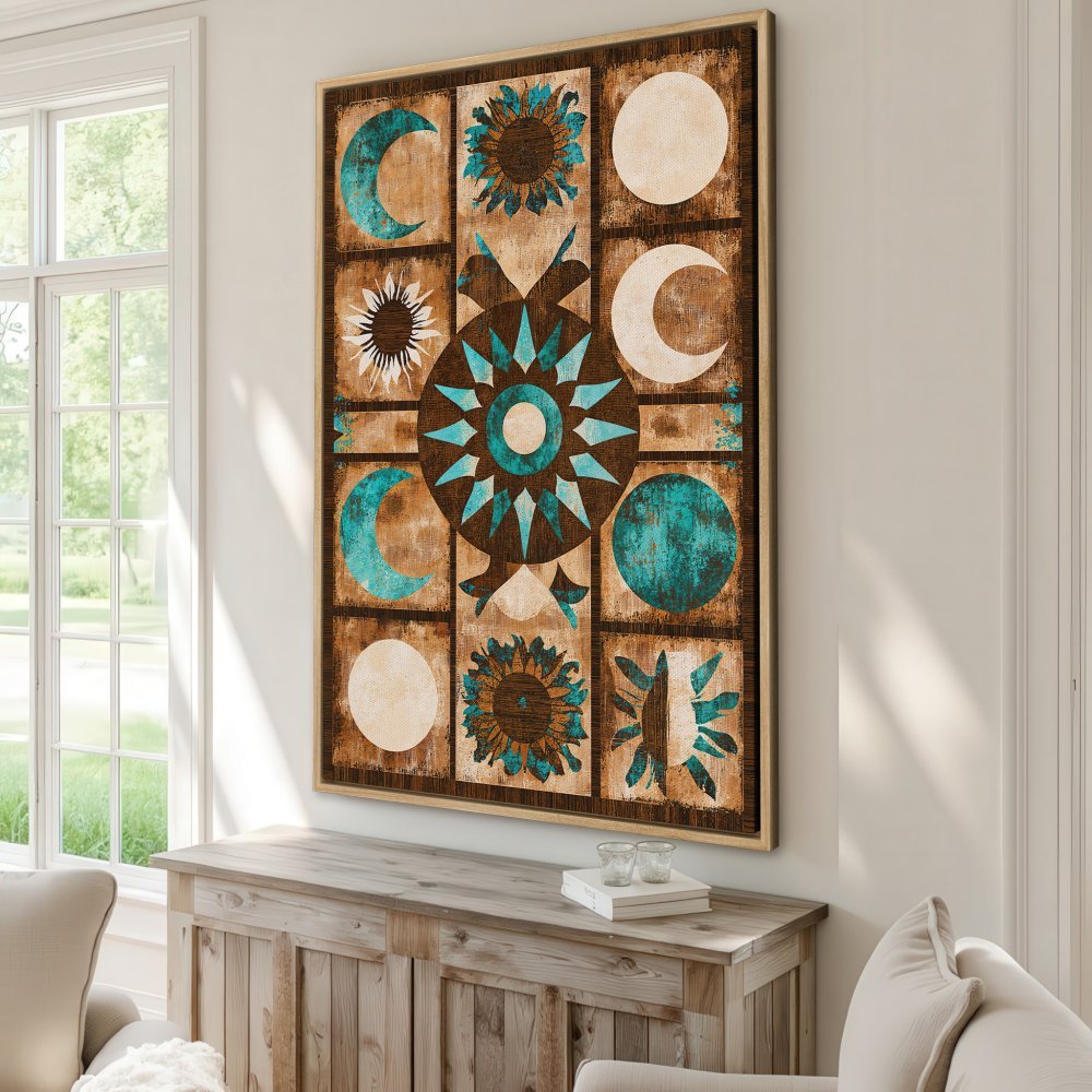 Framed Wall Art: Boho-style Canvas Print with celestial design in teal, brown, and beige. Perfect for adding unique art to your living room!