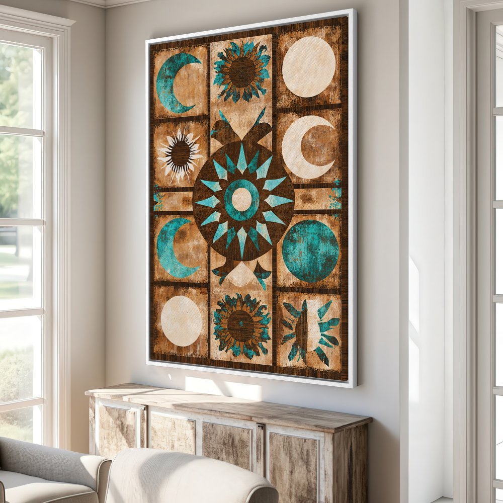 Framed Wall Art: Boho celestial design in teal and brown. Canvas print of sun, moon, and sunflower art for stylish home decor.
