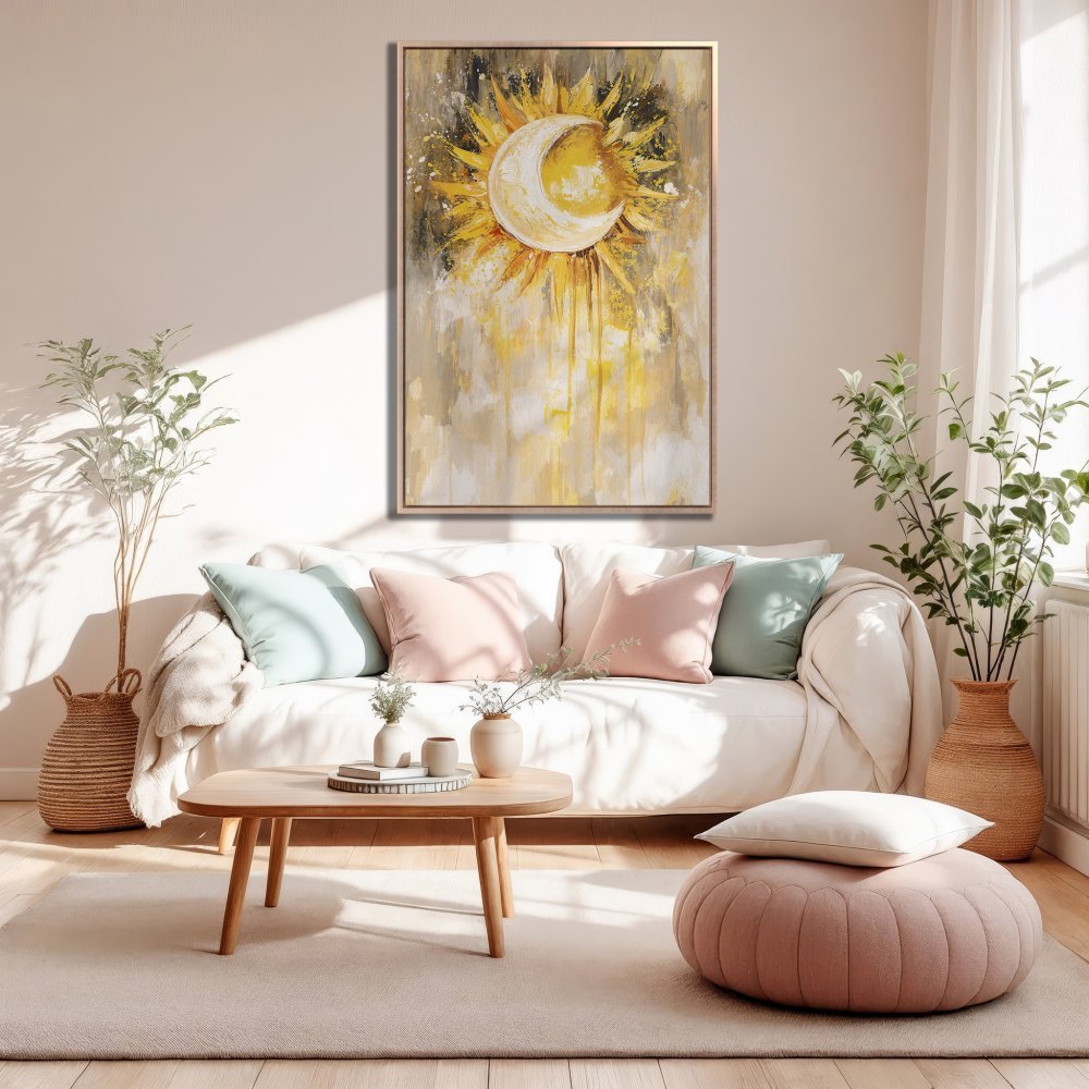 Framed Wall Art: Abstract sun and moon painting in yellow and gold hues. Perfect for adding warmth and style to your living room.