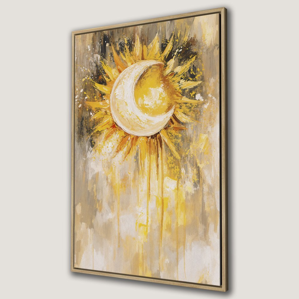 Canvas Print of a sun and moon abstract painting in yellow and gold hues. Add a touch of warmth to your space!