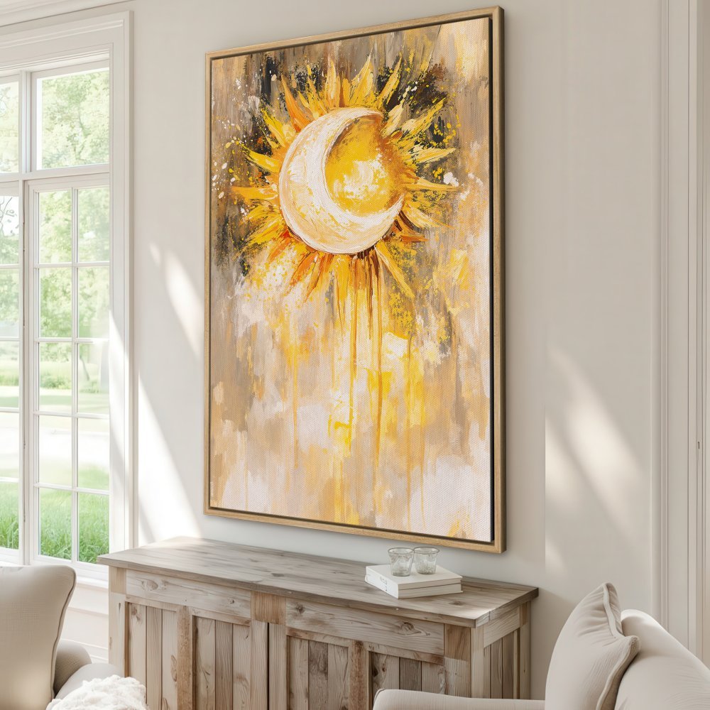 Framed Wall Art: Abstract sun and moon painting in a warm yellow and neutral palette. Perfect for adding artistic flair to your home decor.