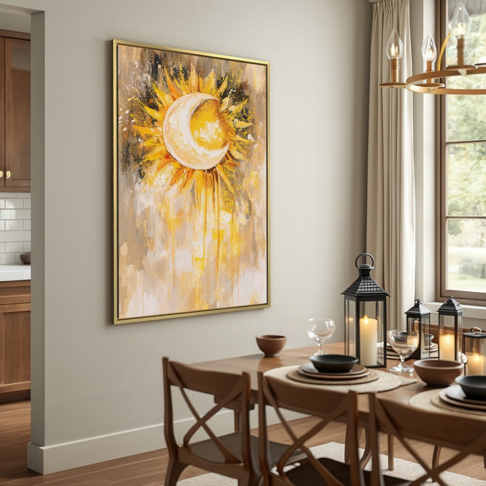 Abstract Canvas Print of sun and moon in yellow and gold tones, perfect wall decor for any room.