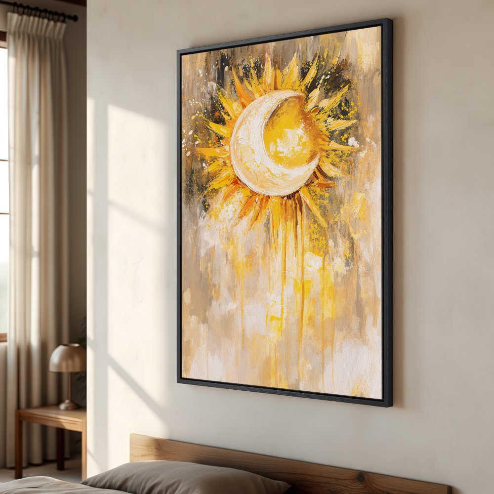 Framed Wall Art: Abstract sun and moon painting in warm yellow and gold tones. Perfect for adding a touch of sunshine to your home decor.