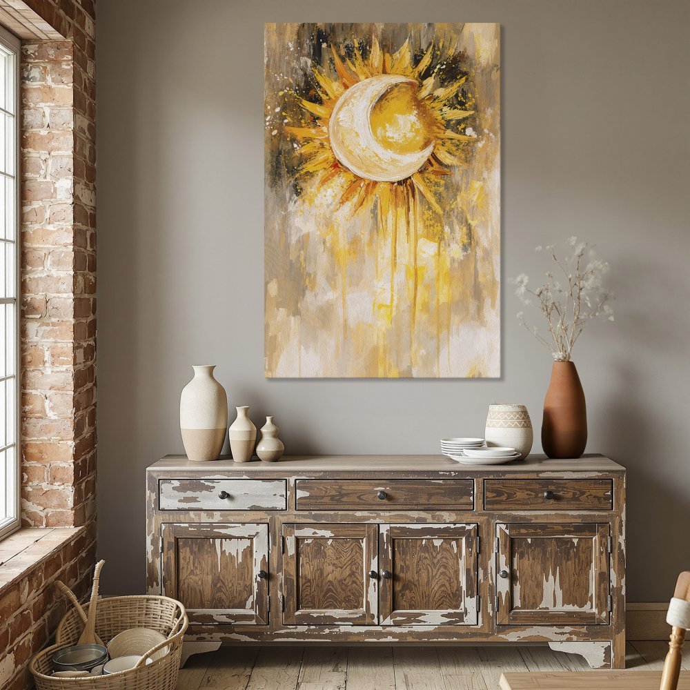 Framed Wall Art: Abstract sun and moon painting in warm yellow and gold tones. Perfect for adding a touch of celestial beauty to your dining room.