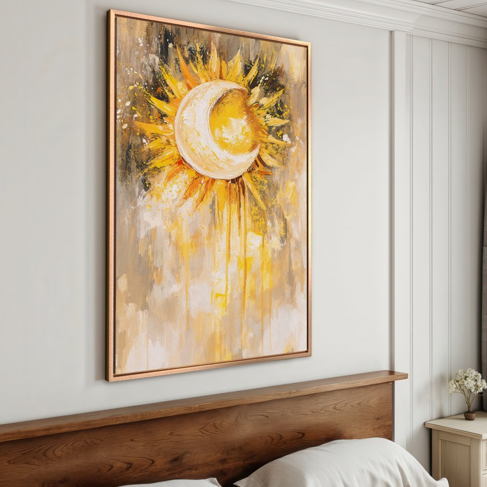 Framed Wall Art: Abstract sun and moon painting in warm yellow and gold tones. Perfect for adding a touch of sunshine to any room.