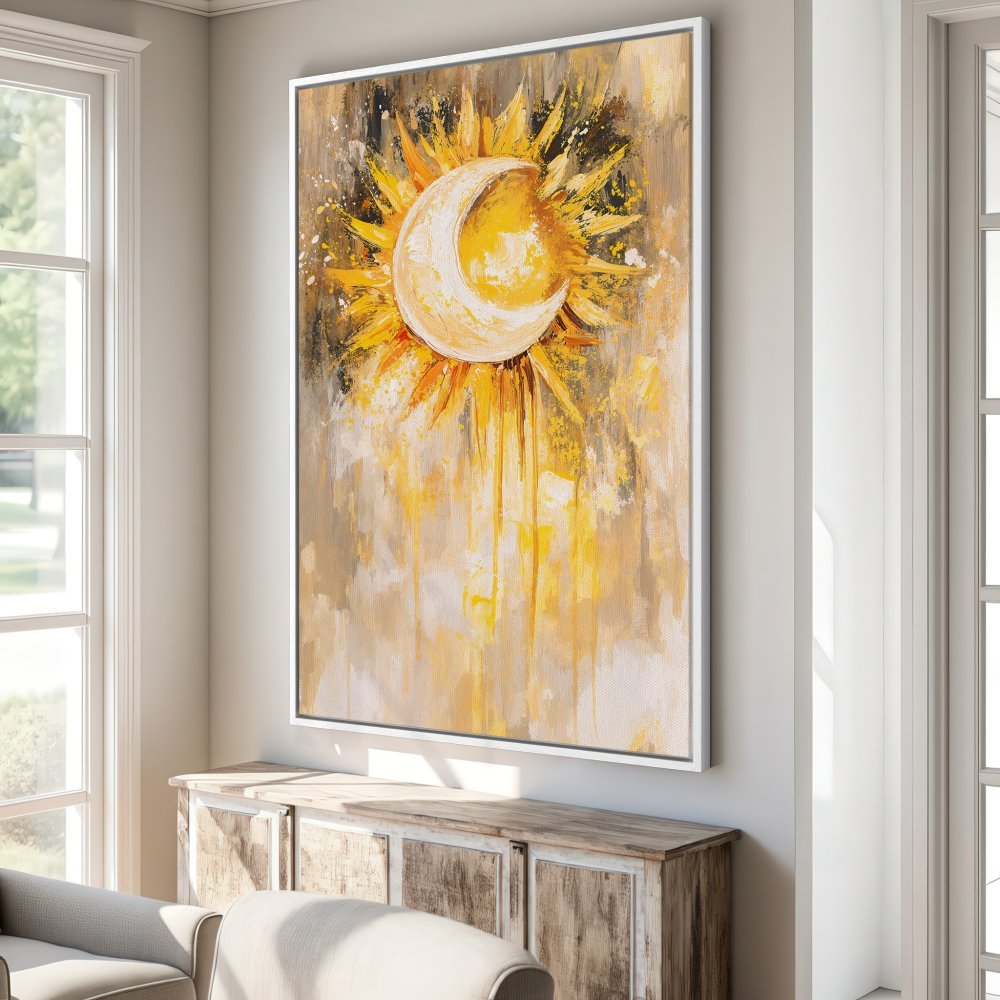Framed Wall Art: Abstract sun and moon painting in yellow and gold hues. Add warmth to your space with this stunning canvas print!