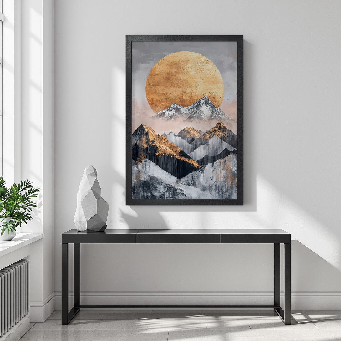 Framed Poster of abstract mountain landscape art. Earthy tones of gold, gray, and black. Modern wall decor for your home.