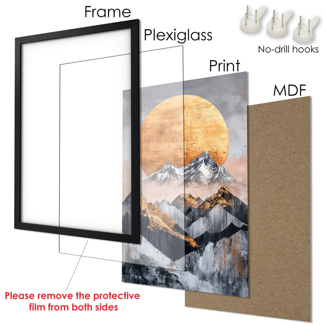 Framed Poster featuring an abstract mountain landscape, warm color palette. Modern art print ready to hang.
