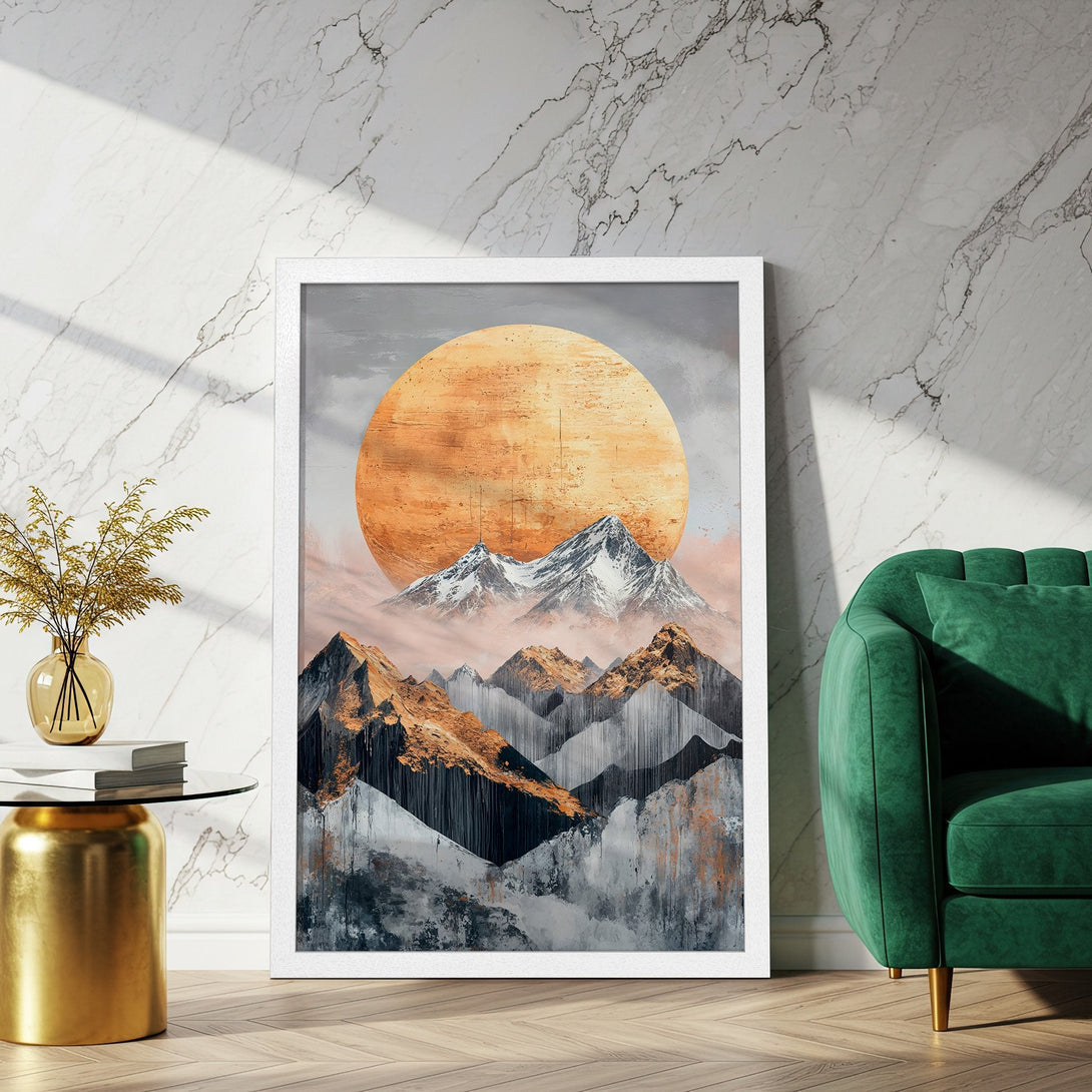 Framed Poster featuring a mountain landscape with a warm color palette. Perfect wall art for any home.