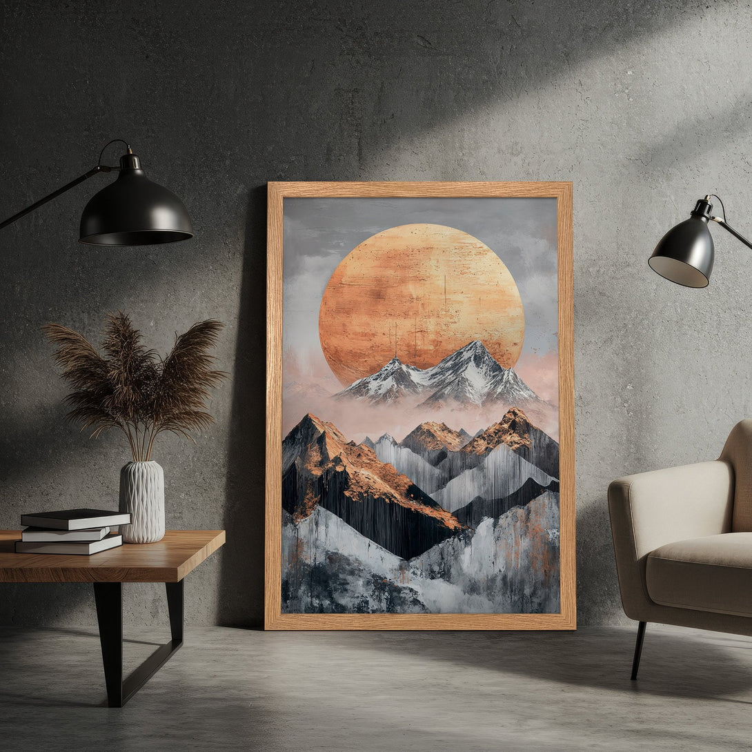Framed Poster featuring abstract mountain landscape art with warm orange, gray, and black hues. Modern wall decor for any space.