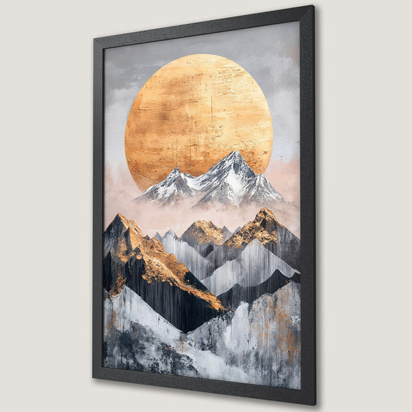 Framed Poster featuring abstract mountain landscape art in gold, gray, and black color palette. Perfect wall decor!