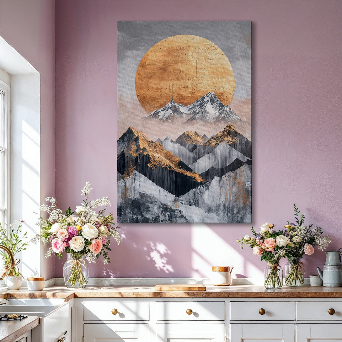 Framed Wall Art: Abstract mountain landscape canvas print in gold, gray, and black. Modern art for living room decor.
