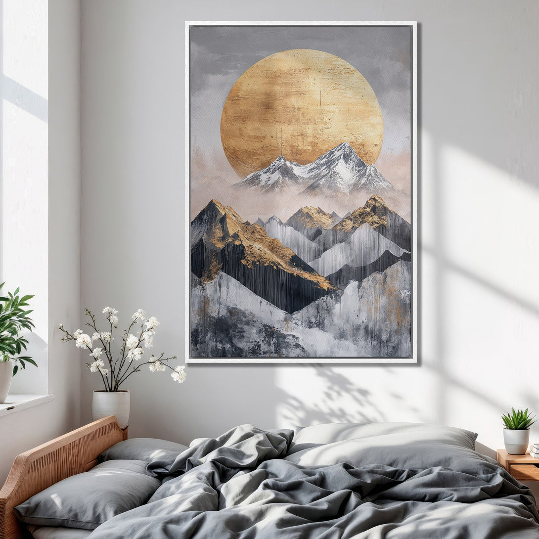Framed Wall Art: Abstract mountain landscape in gold, gray, and black. Modern art canvas print adds a touch of elegance to any room.