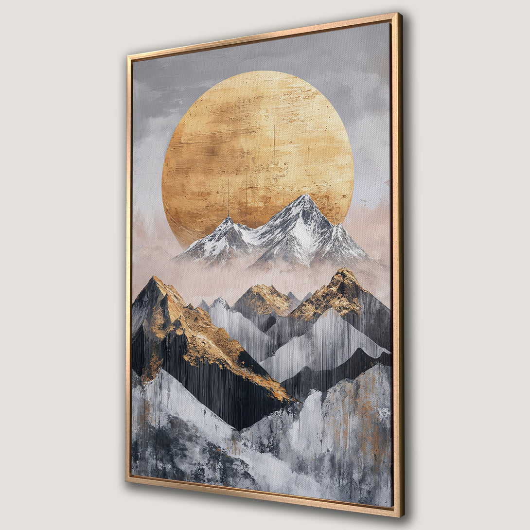 Framed Wall Art: Abstract mountain landscape in gold, gray, and black. Modern canvas print for stylish home decor. Shop now!