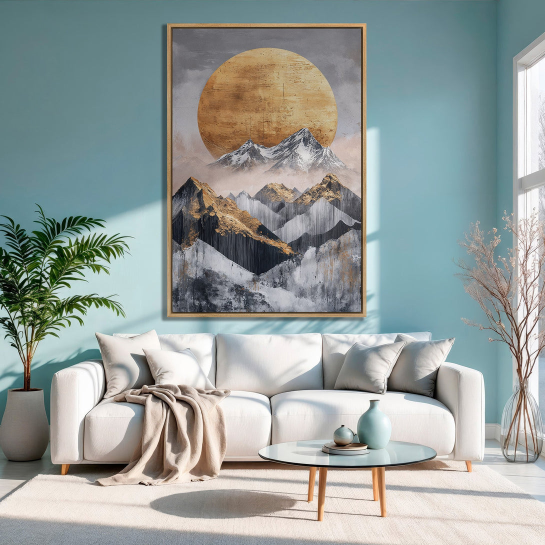Framed Wall Art: Abstract mountain landscape in gold, gray, and black. Modern Canvas Print adds a touch of elegance to any living room.