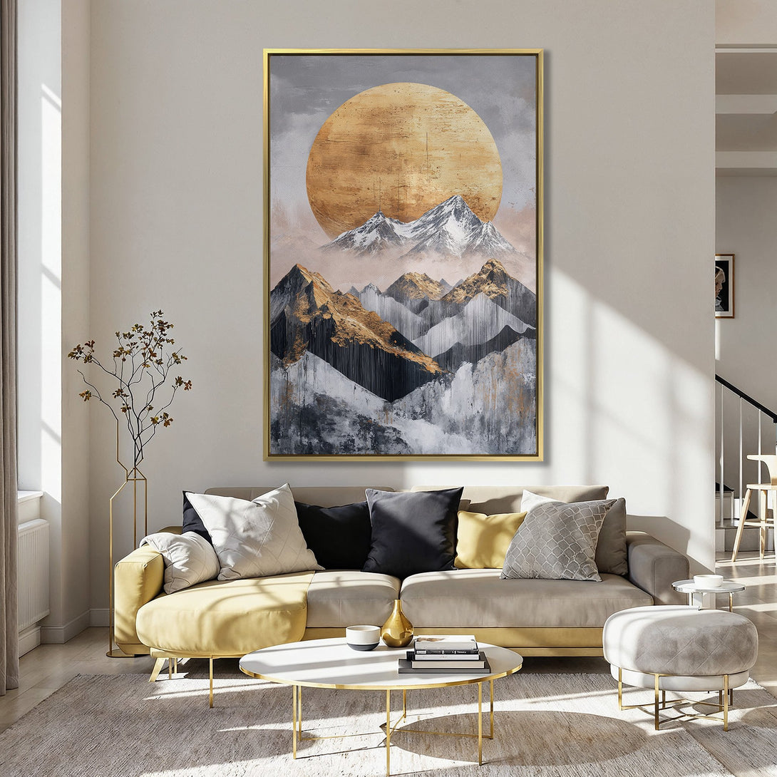 Canvas Print of abstract mountain landscape with a warm gold and gray color palette, perfect for modern home decor.