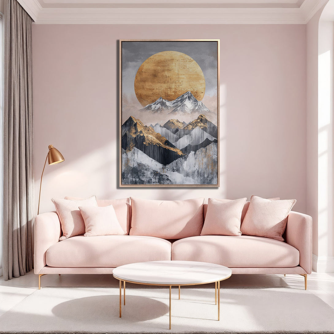 Framed Wall Art: Abstract mountain landscape in gold, gray, and white. Modern art canvas print adds a touch of elegance to any interior.