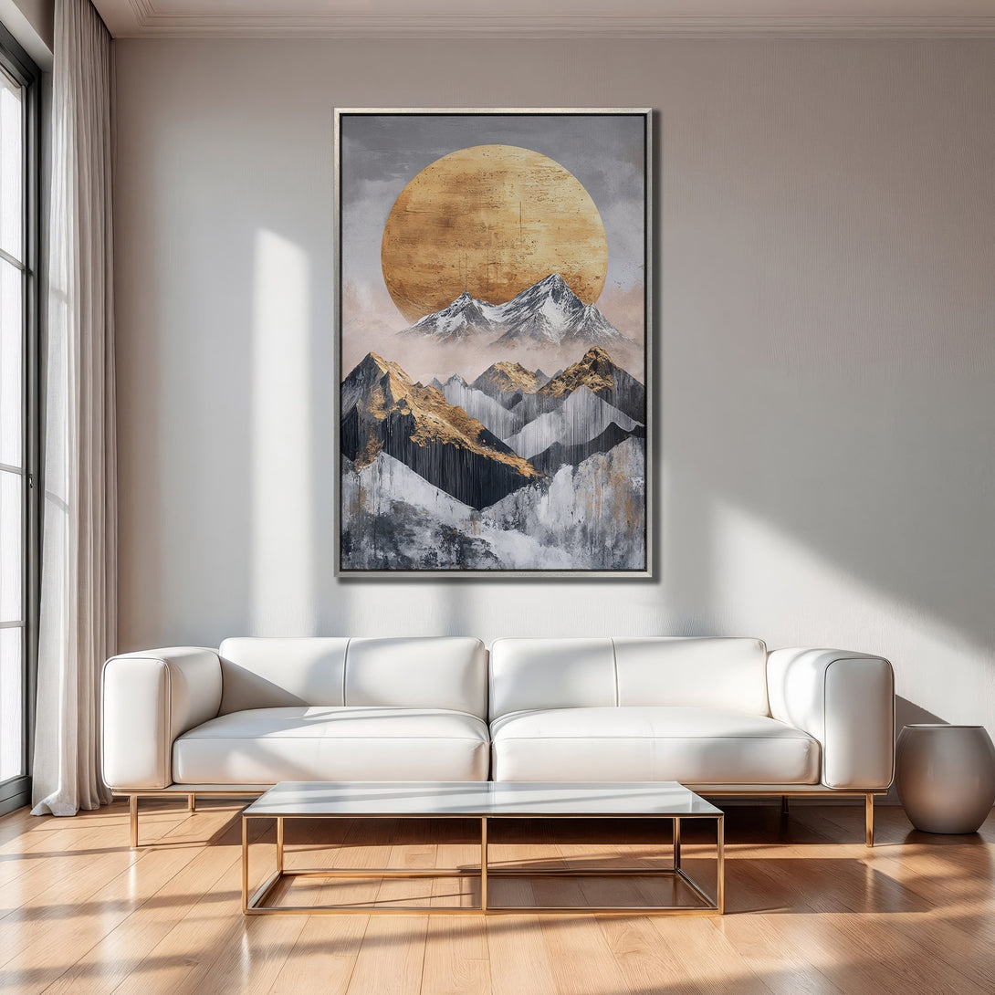 Framed Wall Art: Abstract mountain landscape in gold, gray, and white. Modern canvas print adds a touch of elegance to any interior.
