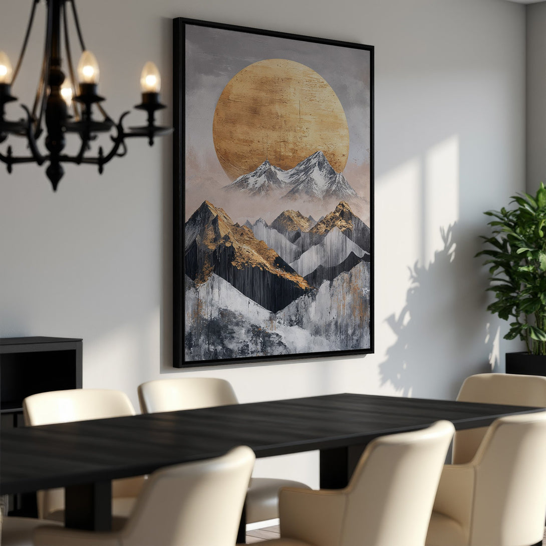 Framed Wall Art: Abstract mountain landscape Canvas Print with gold, gray, and black tones. Modern art perfect for dining room decor.