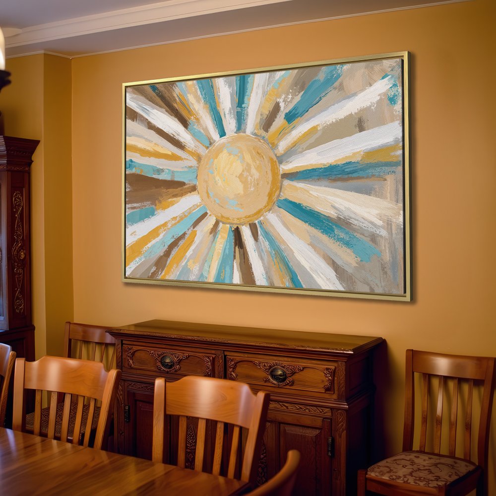 Abstract sunburst Canvas Print in neutral tones. Modern art with gold, blue, and brown palette, perfect for living room decor.