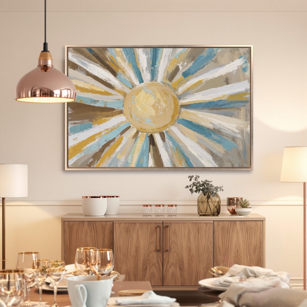 Framed Wall Art: Abstract sunburst painting with a warm, neutral color palette. Perfect for adding a touch of modern art to your home decor.