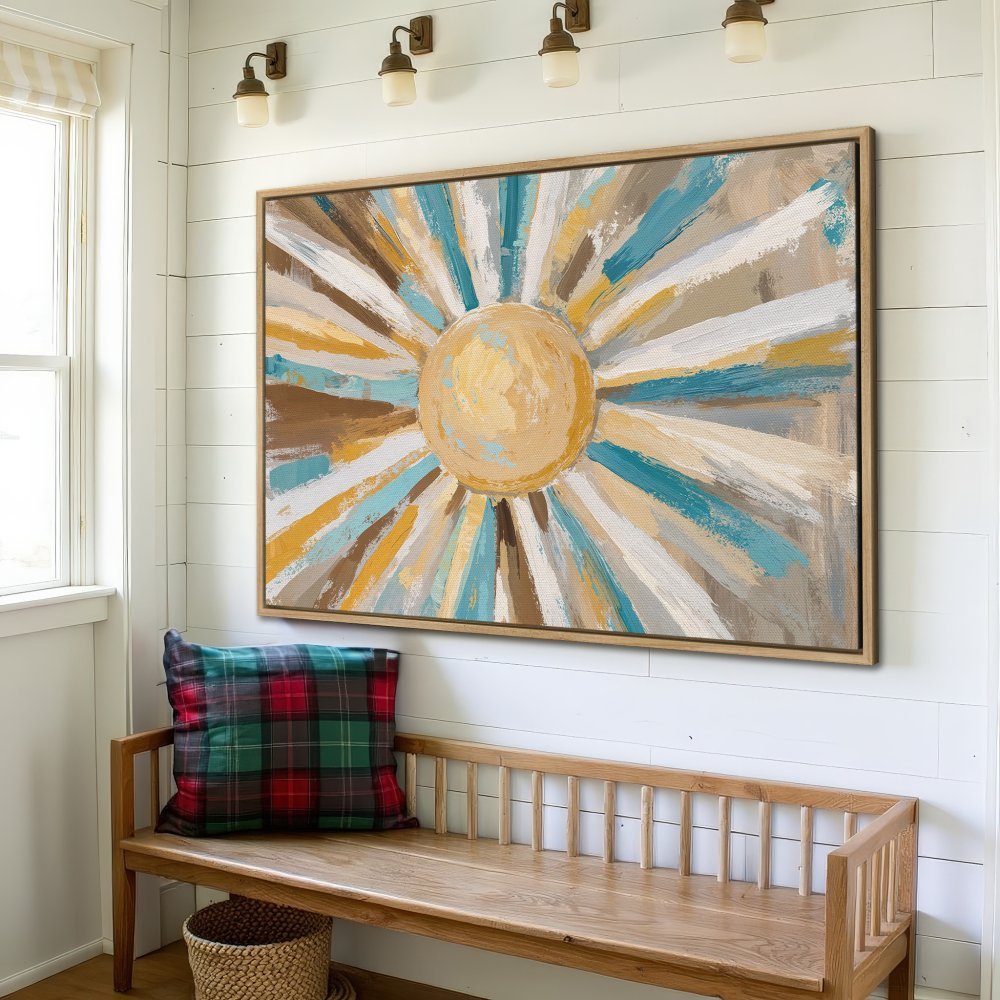 Abstract Canvas Print of a sunburst in teal, yellow, and brown. Modern wall art for a stylish interior.